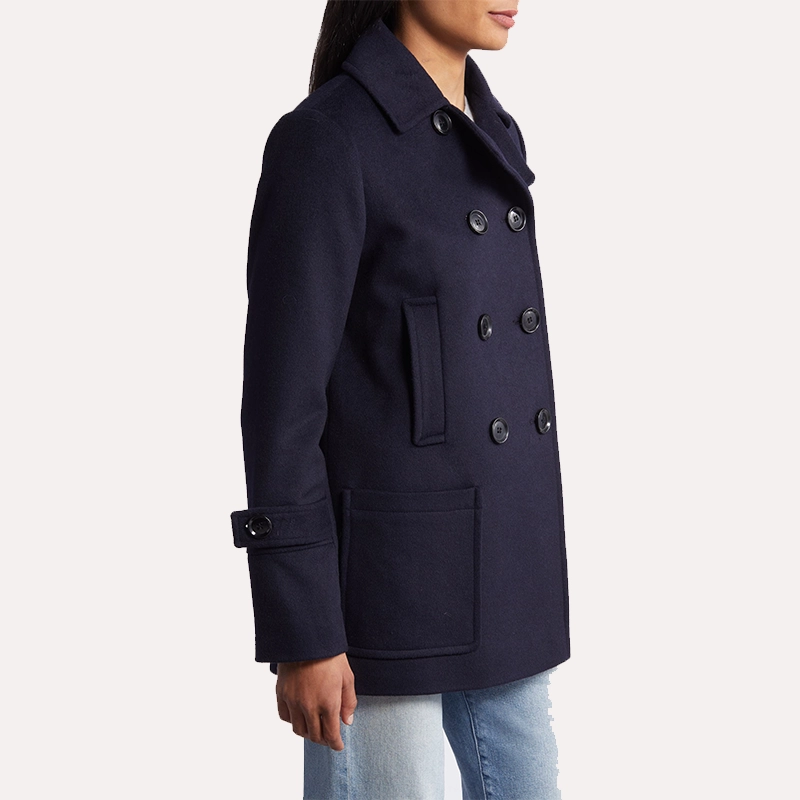 2024 Double Breasted Womens Navy Blue Wool Peacoat