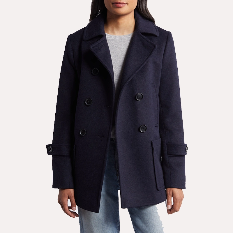 2024 Double Breasted Womens Navy Blue Wool Peacoat