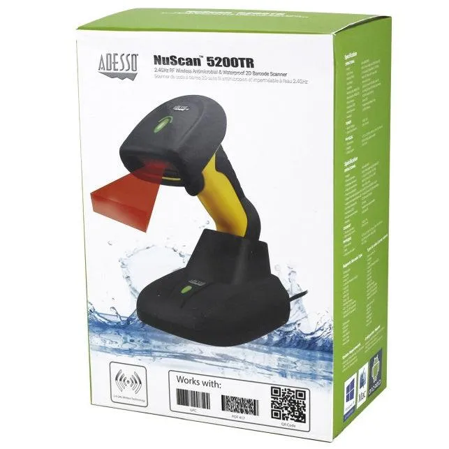 Adesso Nuscan Barcode Scanner 5200TR Wireless Antimicrobial Waterproof 2D