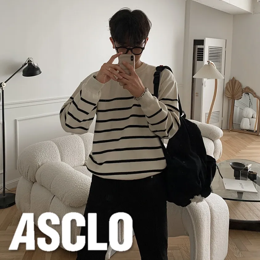 ASCLO  |Crew Neck Pullovers Stripes Unisex Cashmere Street Style