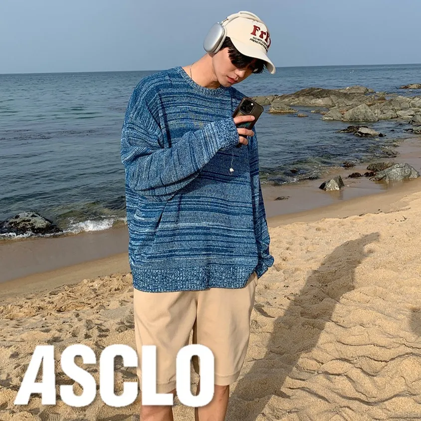 ASCLO  |Crew Neck Pullovers Stripes Unisex Linen Street Style U-Neck