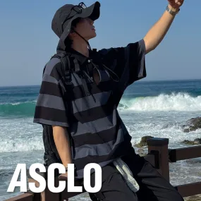 ASCLO  |Pullovers Stripes Unisex Street Style Short Sleeves