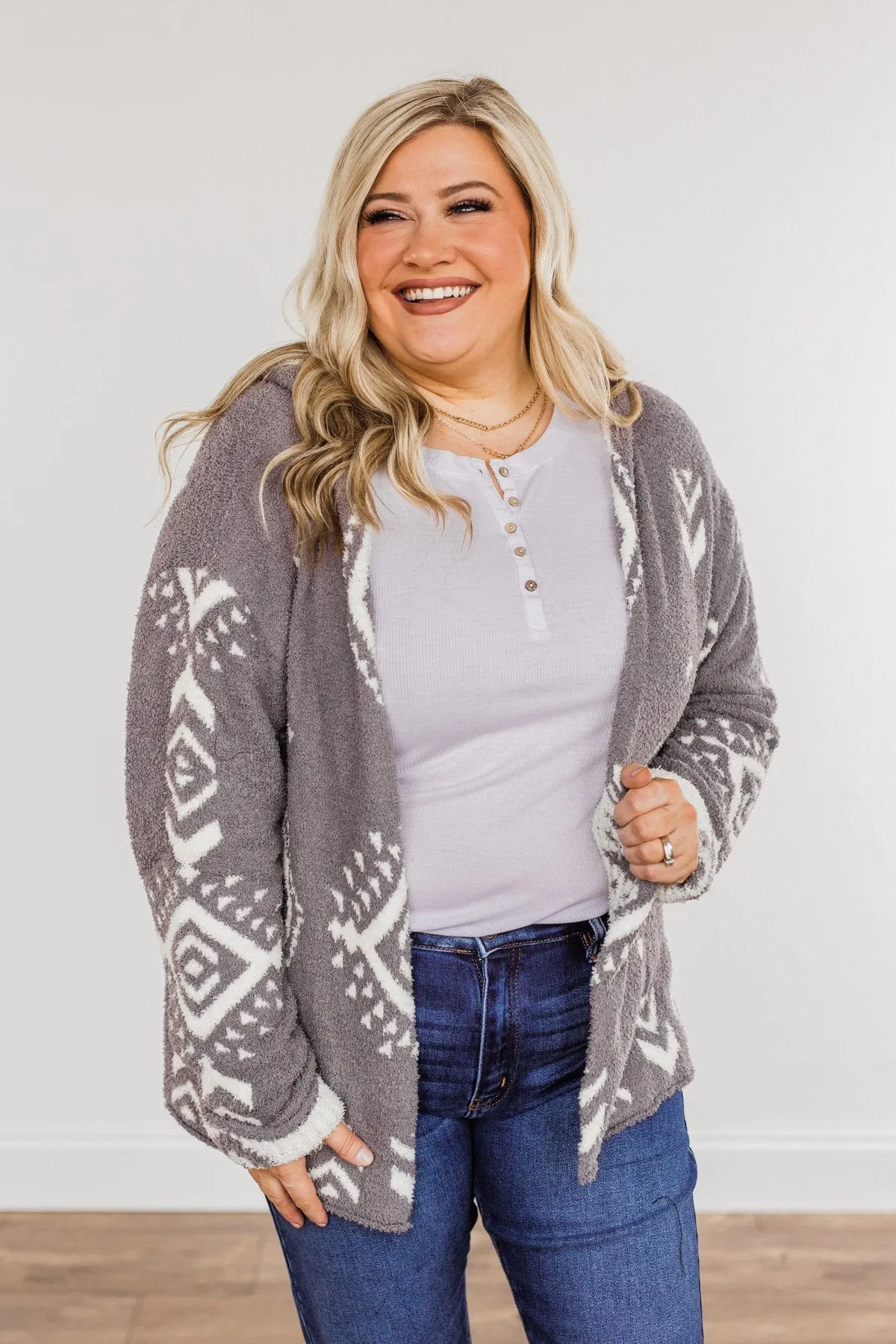 Back At It Hooded Aztec Cardigan- Grey