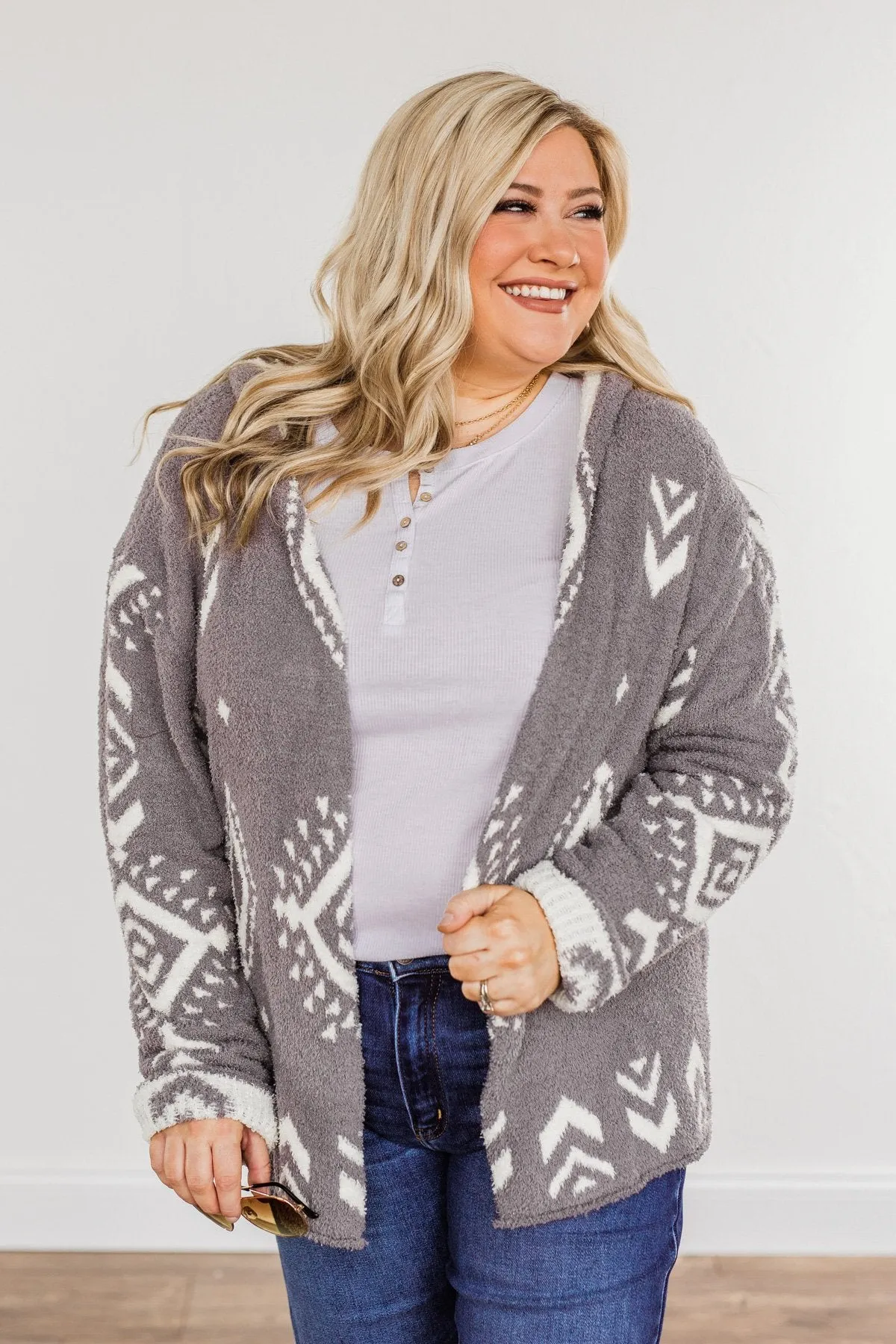 Back At It Hooded Aztec Cardigan- Grey