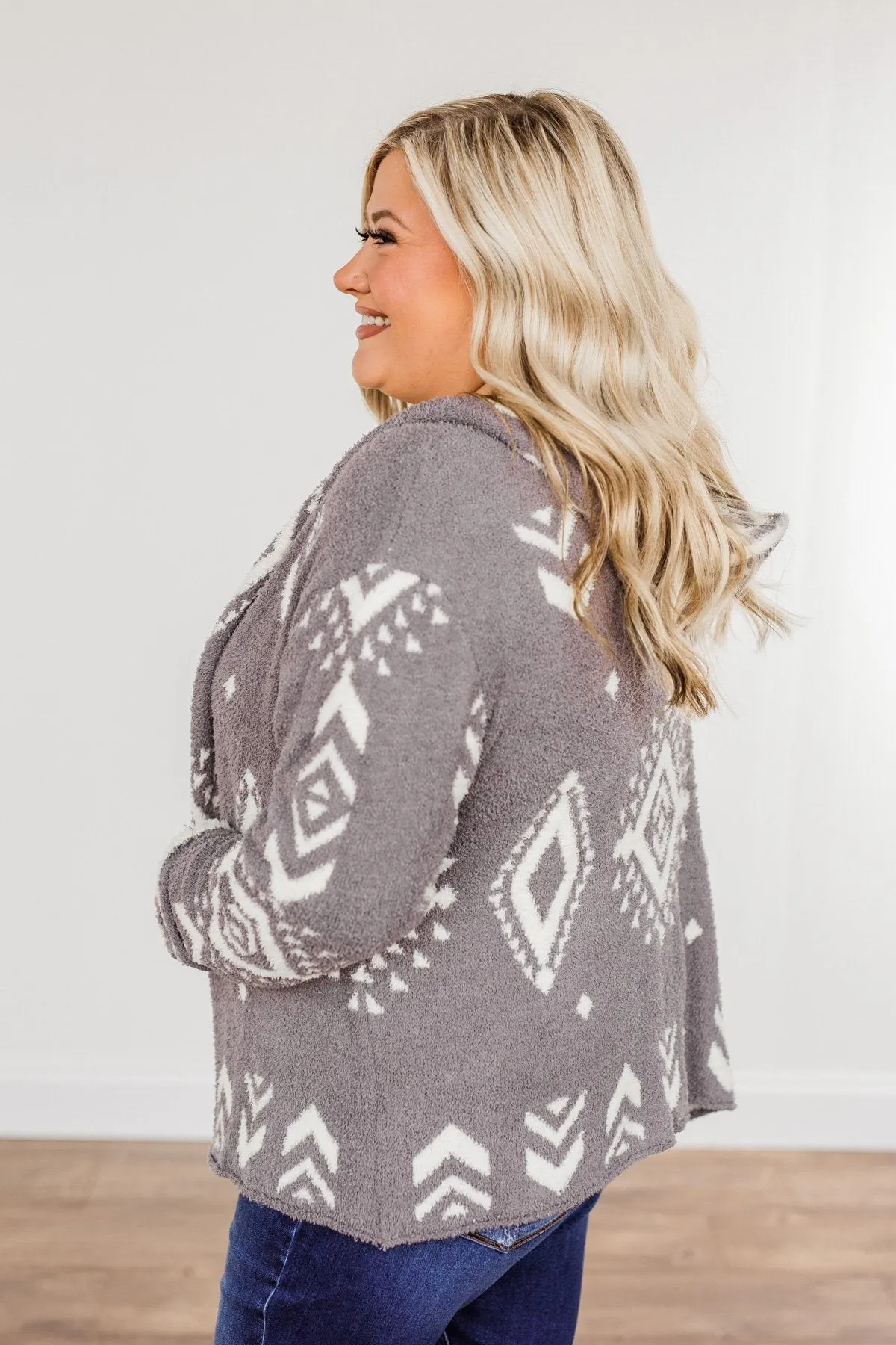 Back At It Hooded Aztec Cardigan- Grey