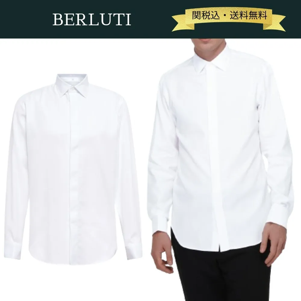 Berluti  |Long Sleeves Plain Cotton Logo Luxury Shirts