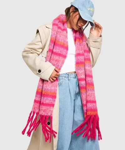 boohoo Womens Striped Chunky Tassel Scarf