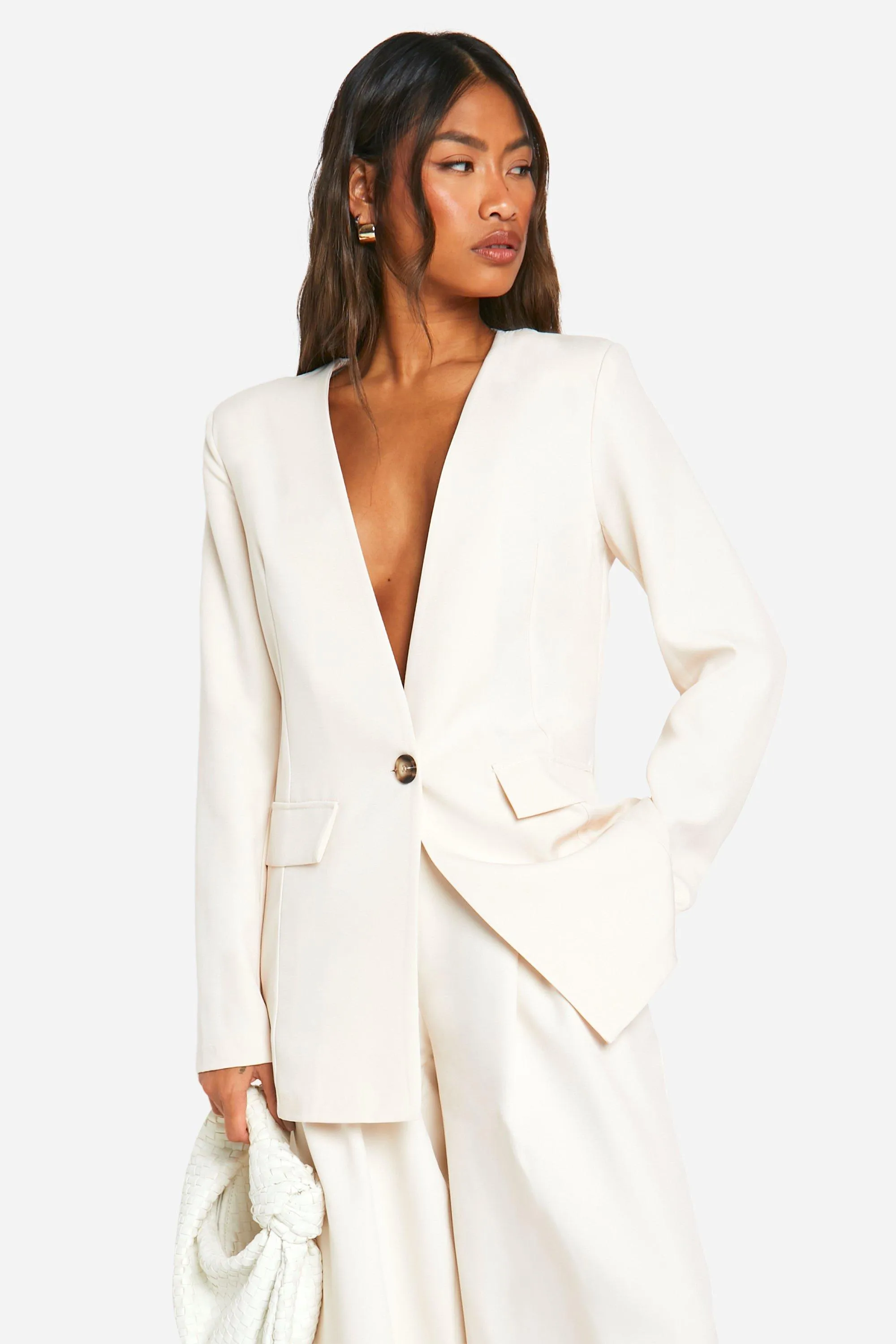 Collarless Plunge Front Tailored Blazer