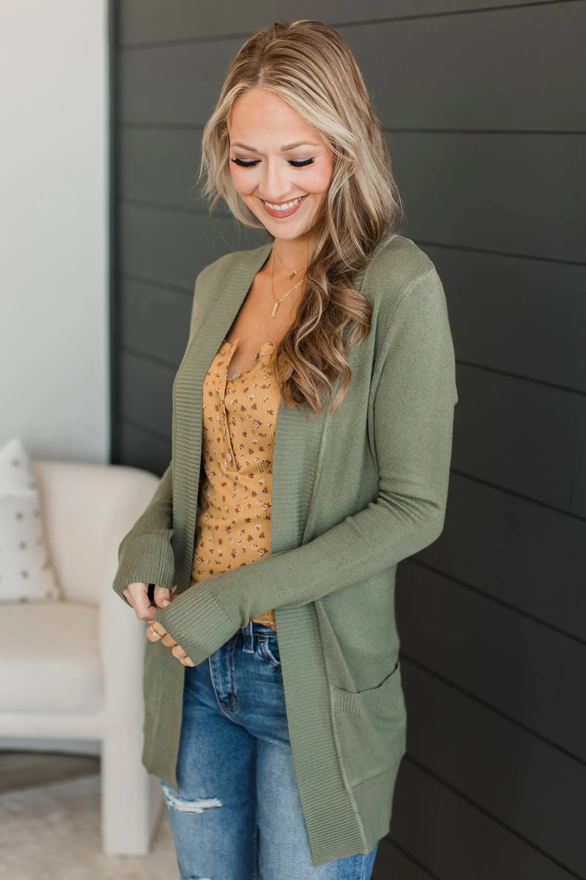 Comfortable With Myself Knit Cardigan- Dusty Olive