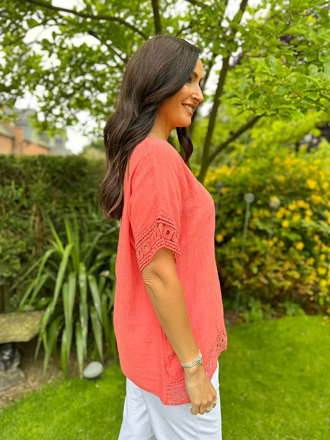 Coral Crochet Trim Top Rachel