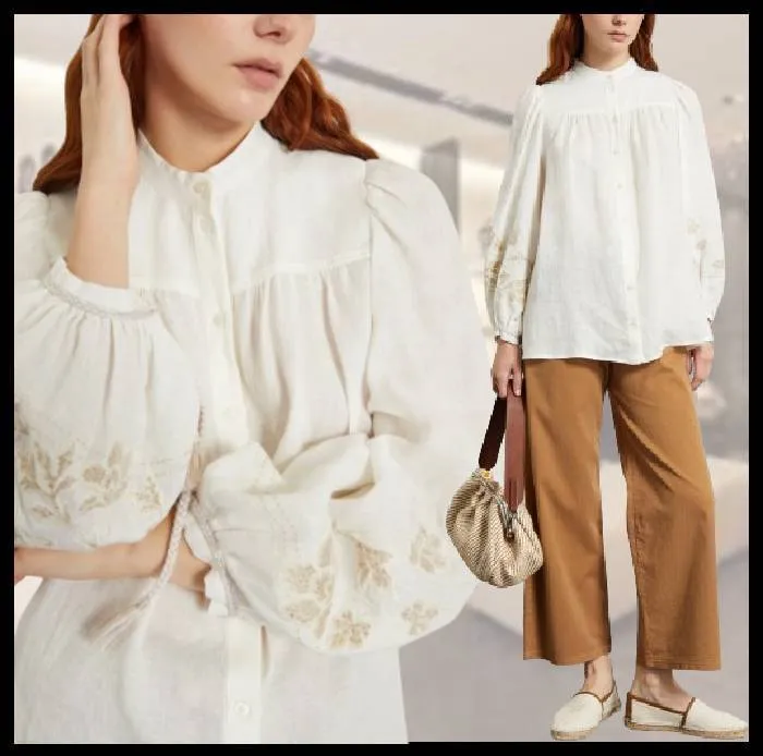 Diffusione Tessile  |Flower Patterns Linen Long Sleeves Plain Tunics