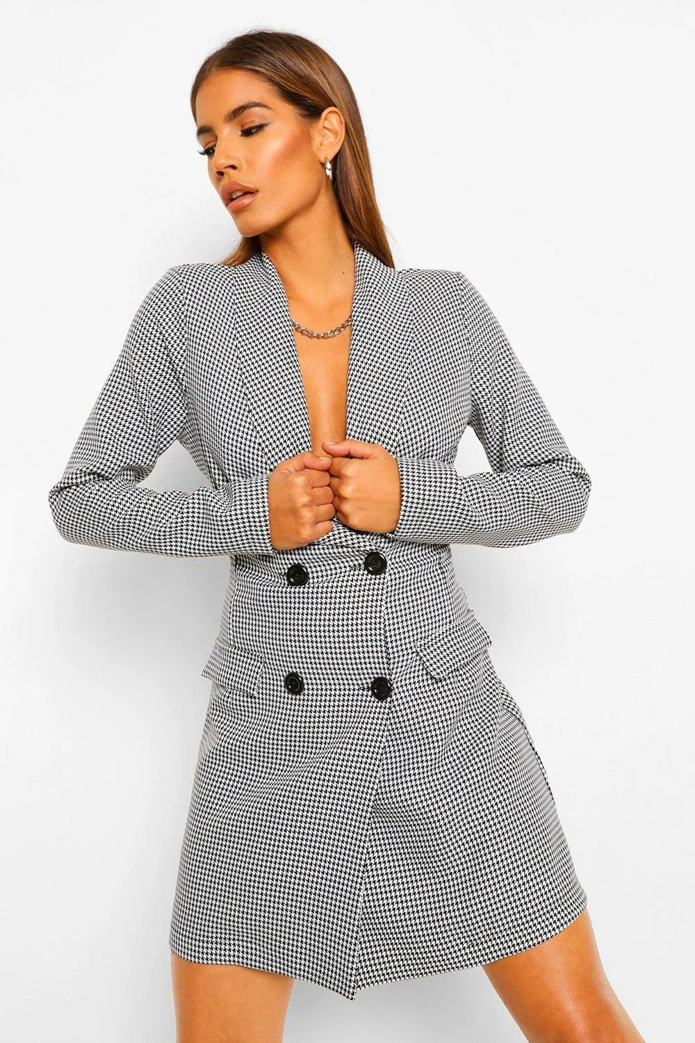 Dogtooth Button Blazer Dress