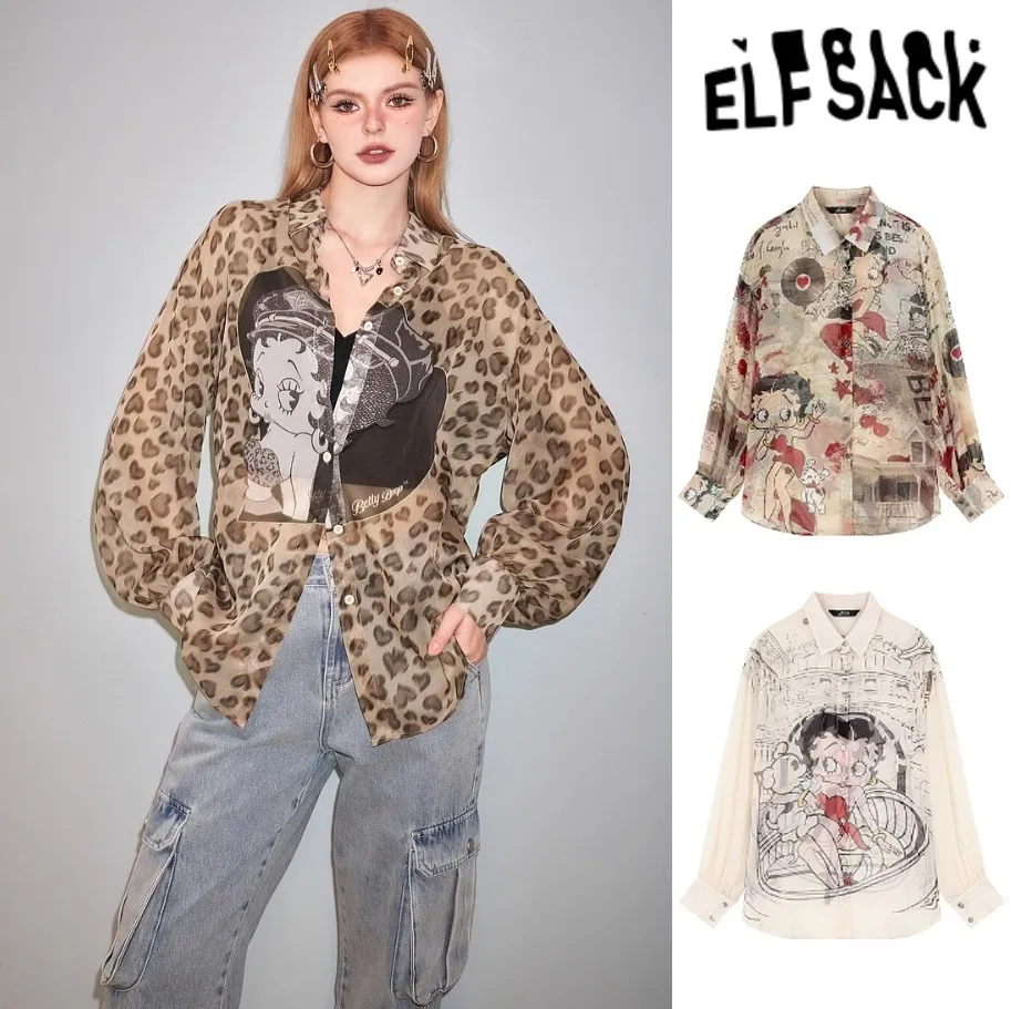 ELF SACK  |Leopard Patterns Chiffon Long Sleeves Shirts & Blouses