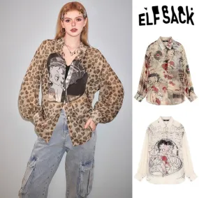 ELF SACK  |Leopard Patterns Chiffon Long Sleeves Shirts & Blouses