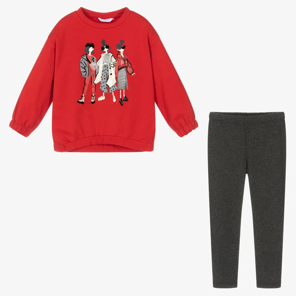 Girls Red & Grey Leggings Set