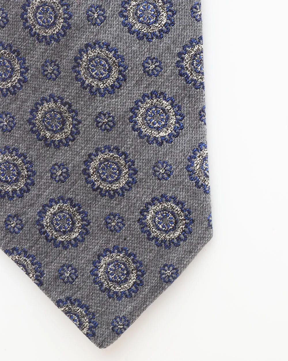 Grey and Navy Multi Medallion Silk and Wool Tie