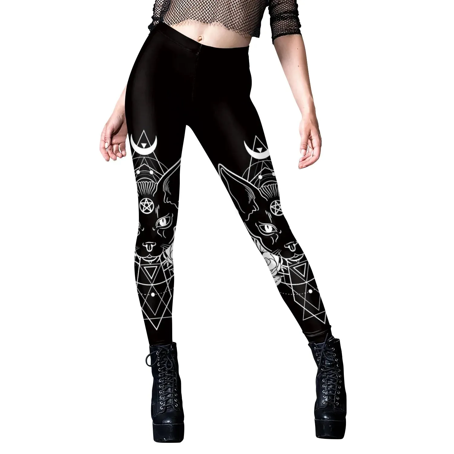 HOT Gothic Leggings For Women Ouija Workout Pants Dark Grunge Black Cat Skull Leggins Devil Satan Legins