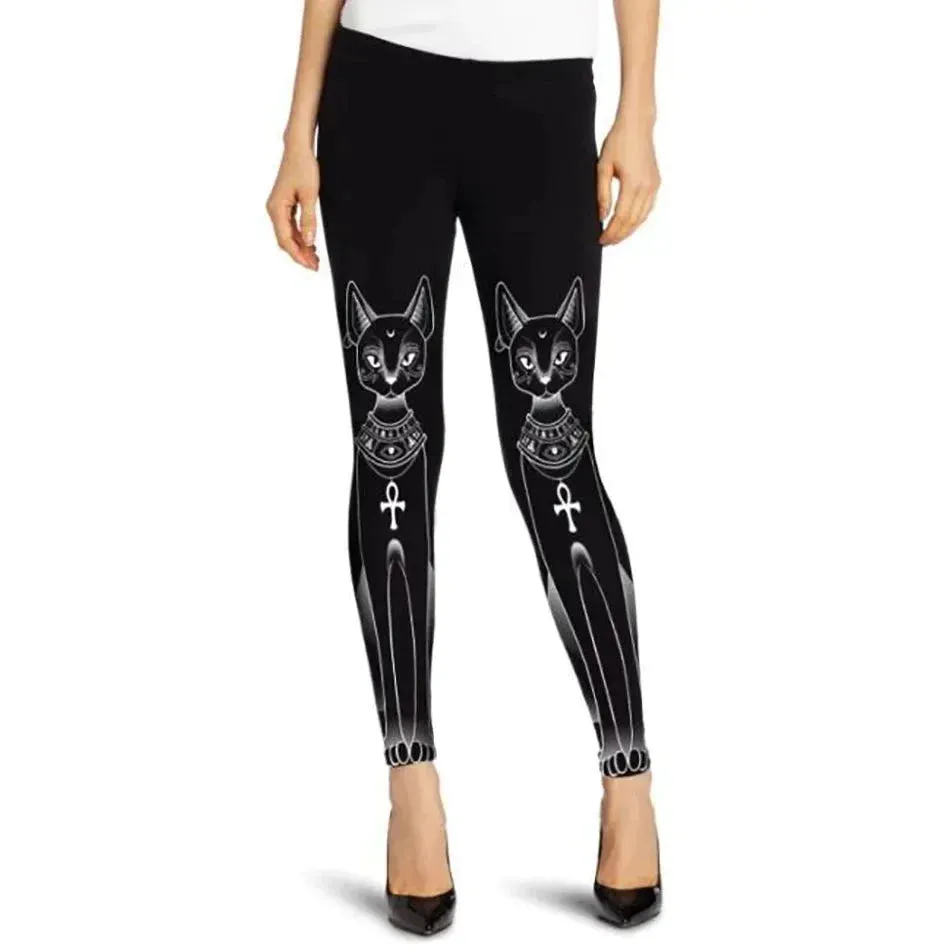 HOT Gothic Leggings For Women Ouija Workout Pants Dark Grunge Black Cat Skull Leggins Devil Satan Legins