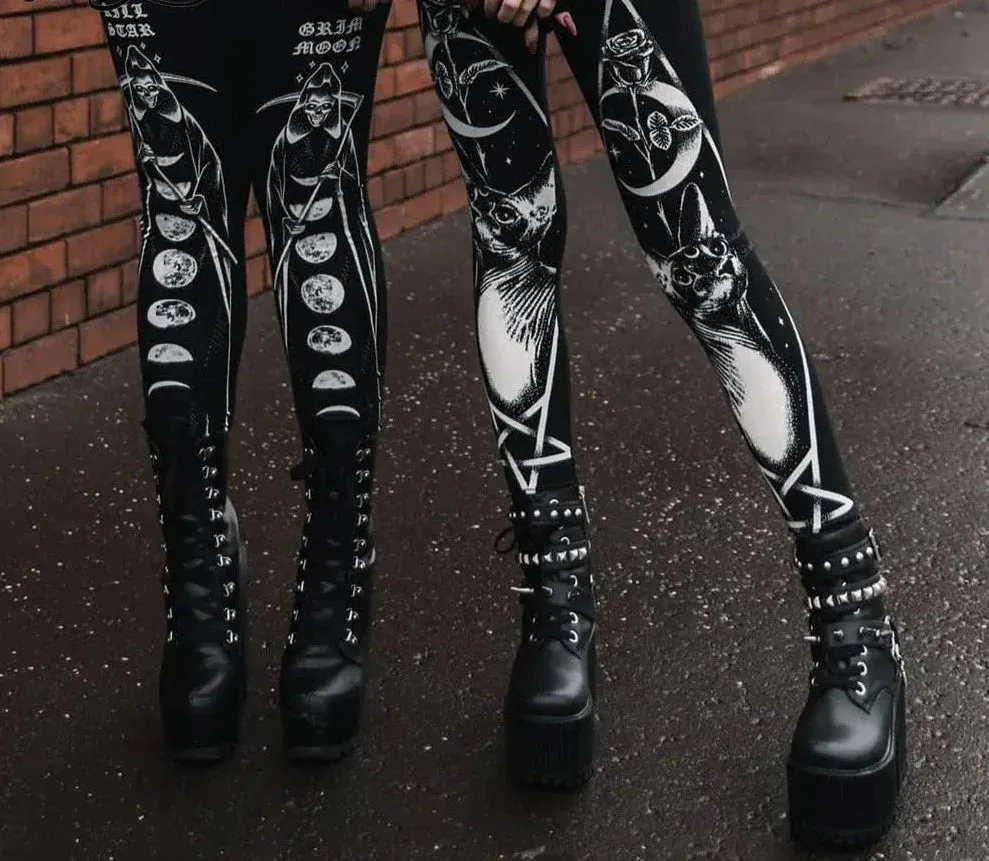 HOT Gothic Leggings For Women Ouija Workout Pants Dark Grunge Black Cat Skull Leggins Devil Satan Legins