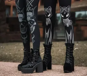 HOT Gothic Leggings For Women Ouija Workout Pants Dark Grunge Black Cat Skull Leggins Devil Satan Legins