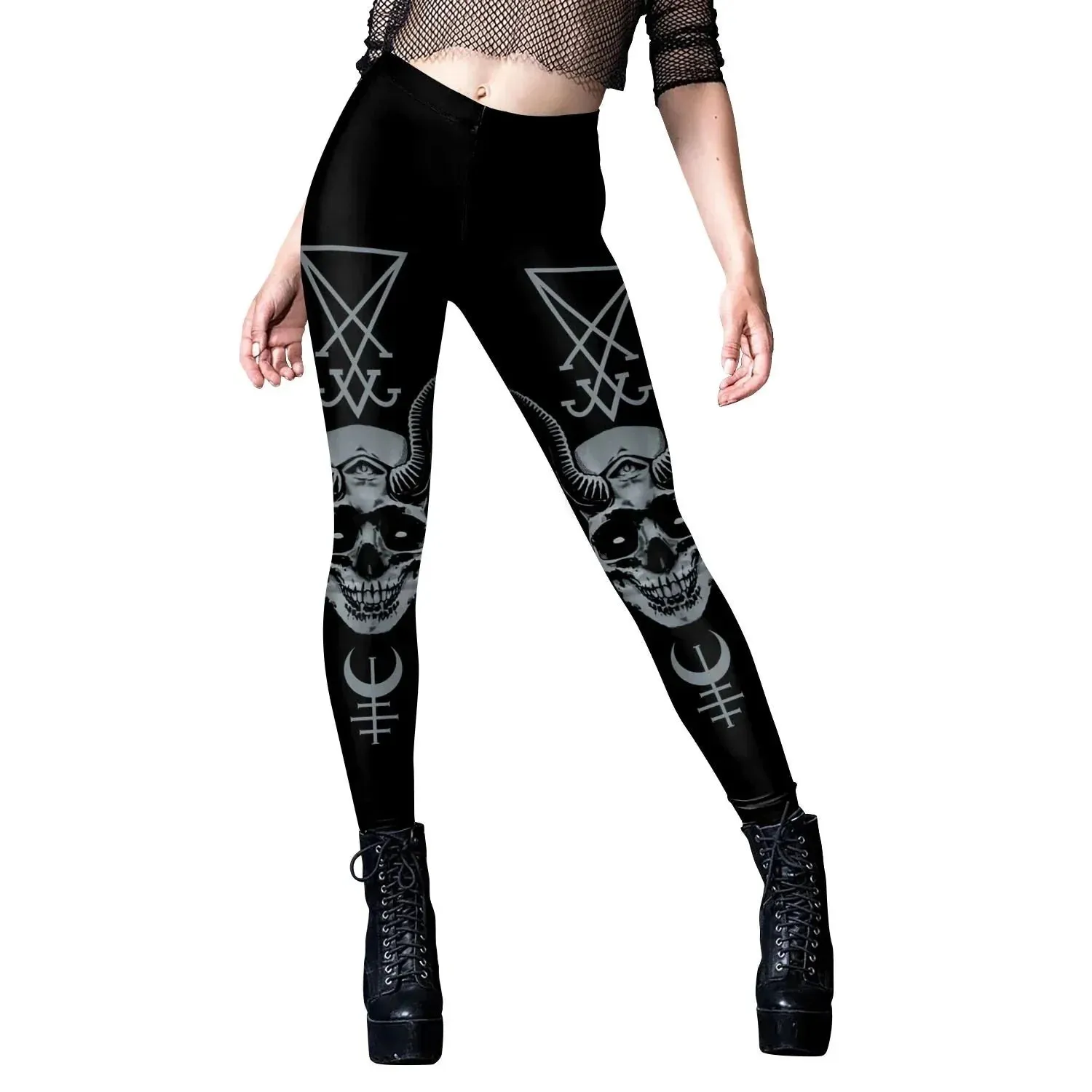 HOT Gothic Leggings For Women Ouija Workout Pants Dark Grunge Black Cat Skull Leggins Devil Satan Legins