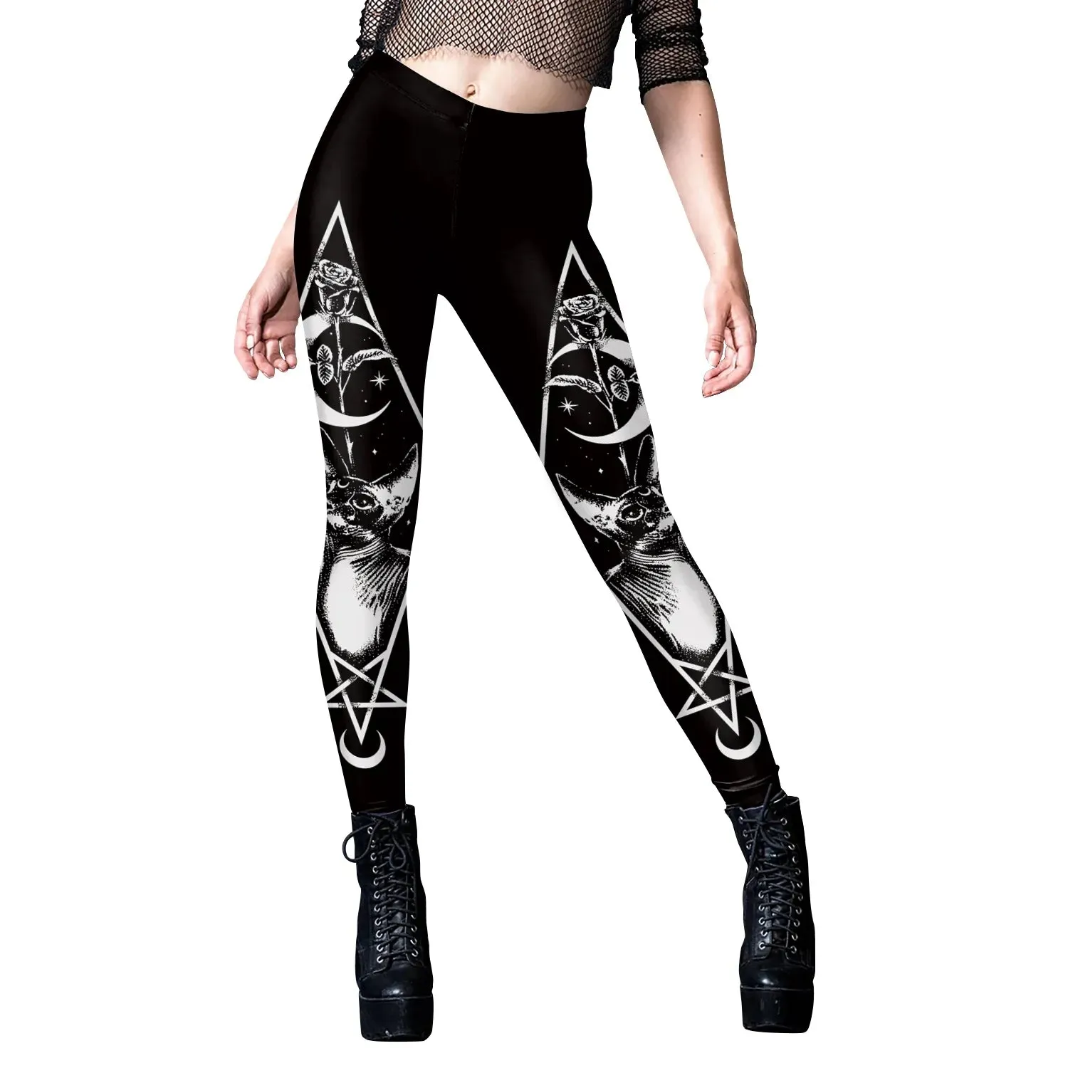 HOT Gothic Leggings For Women Ouija Workout Pants Dark Grunge Black Cat Skull Leggins Devil Satan Legins