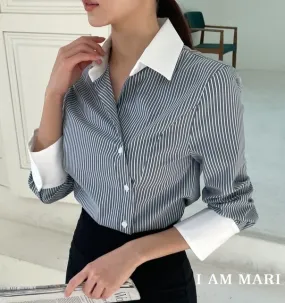 I AM MARI  |Stripes Long Sleeves Shirts & Blouses