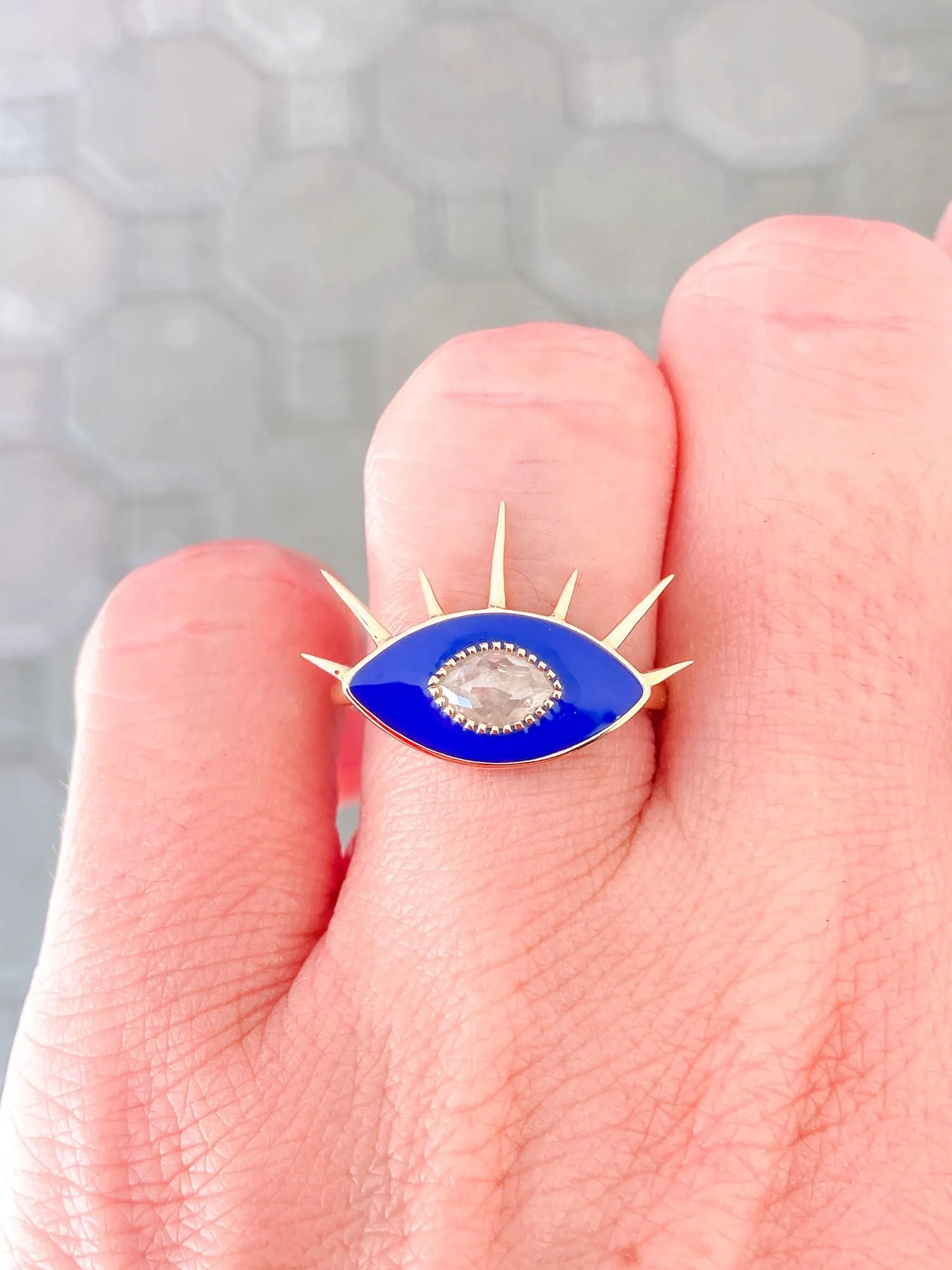 Icy Diamond with Blue Enamel 14K Yellow Gold Evil Eye Ring R6274