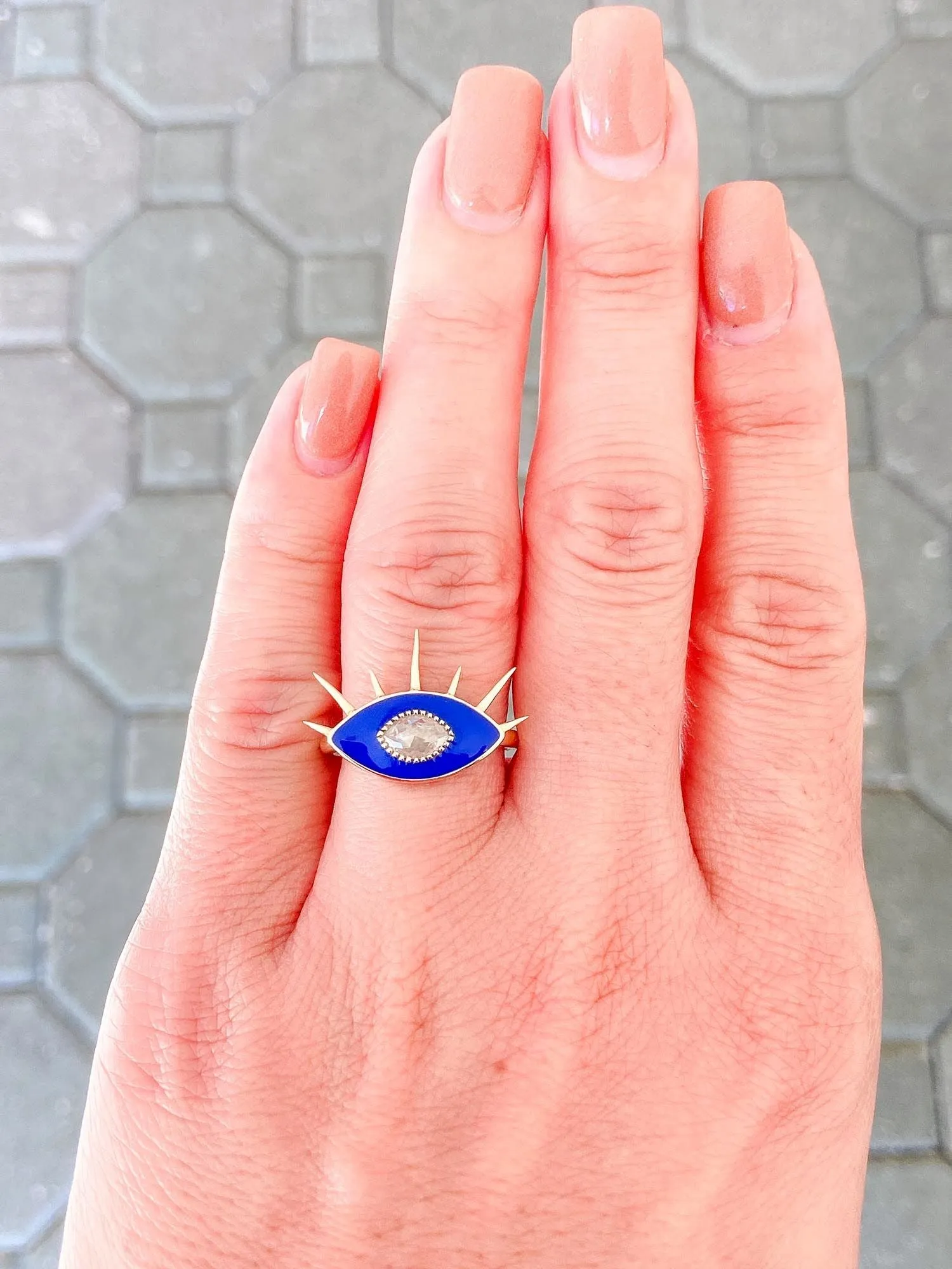 Icy Diamond with Blue Enamel 14K Yellow Gold Evil Eye Ring R6274