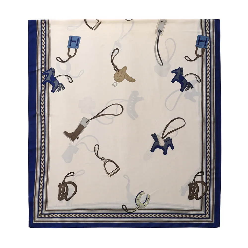 Ivory and Blue Faux Silk Scarf