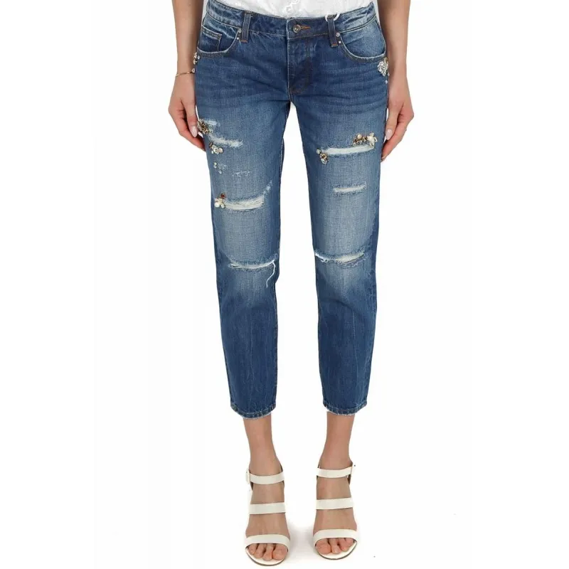 JEANS BOYFRIEND STRAPPATI CON PIETRE GIOIELLO, BLU