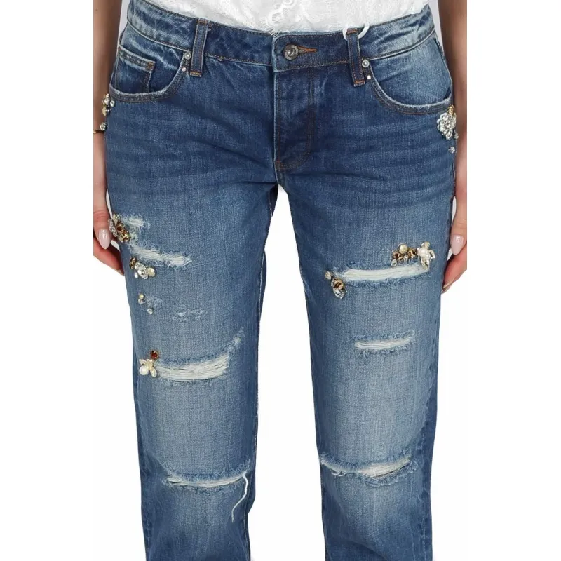 JEANS BOYFRIEND STRAPPATI CON PIETRE GIOIELLO, BLU