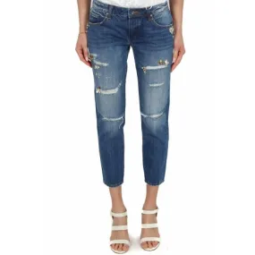 JEANS BOYFRIEND STRAPPATI CON PIETRE GIOIELLO, BLU