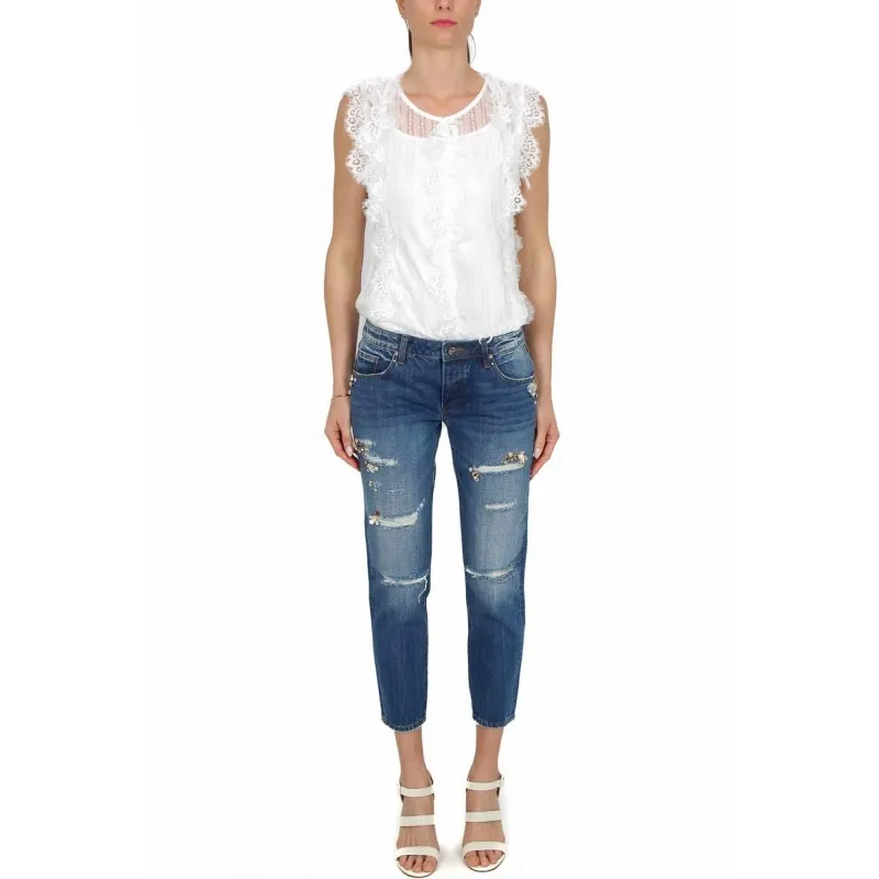 JEANS BOYFRIEND STRAPPATI CON PIETRE GIOIELLO, BLU