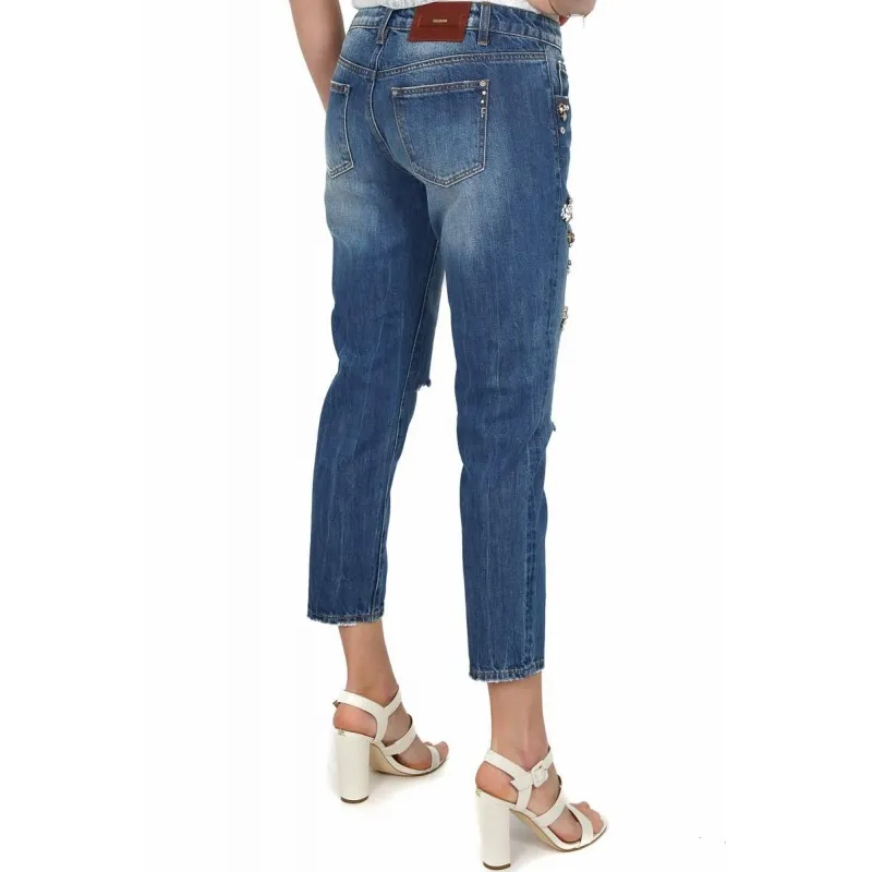 JEANS BOYFRIEND STRAPPATI CON PIETRE GIOIELLO, BLU