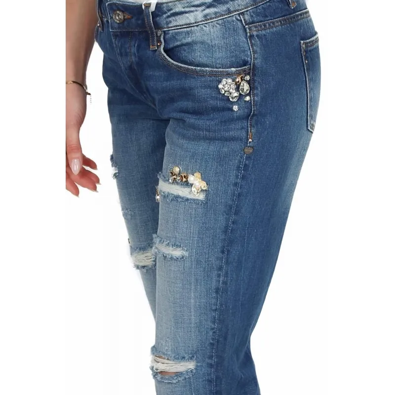 JEANS BOYFRIEND STRAPPATI CON PIETRE GIOIELLO, BLU