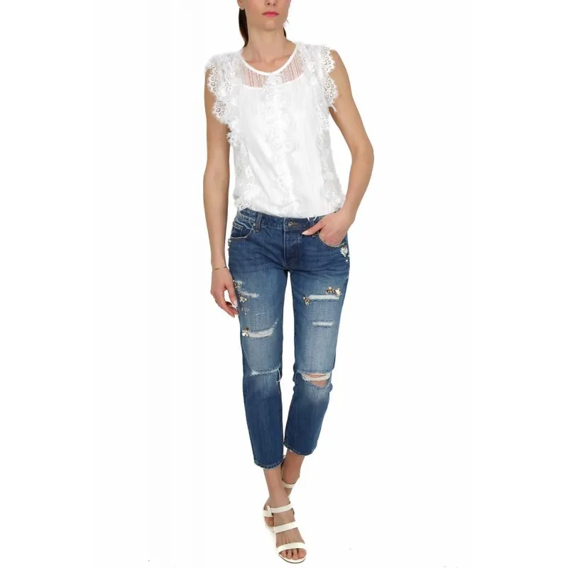 JEANS BOYFRIEND STRAPPATI CON PIETRE GIOIELLO, BLU