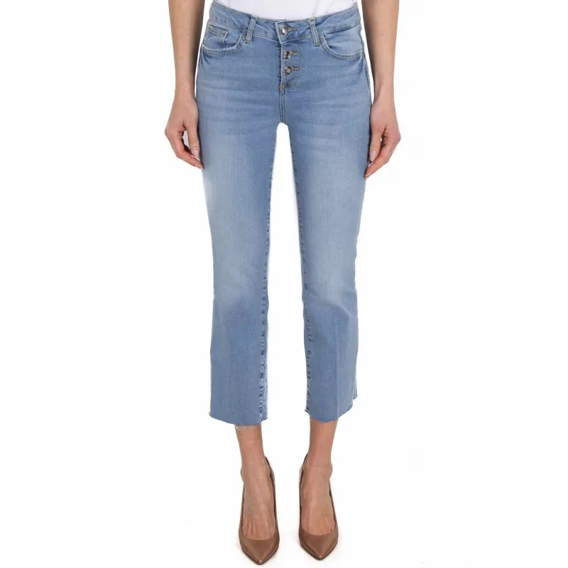 JEANS FLARED CROPPED CON BOTTONI A VISTA, AZZURRO