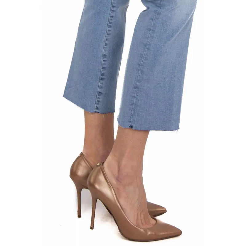 JEANS FLARED CROPPED CON BOTTONI A VISTA, AZZURRO