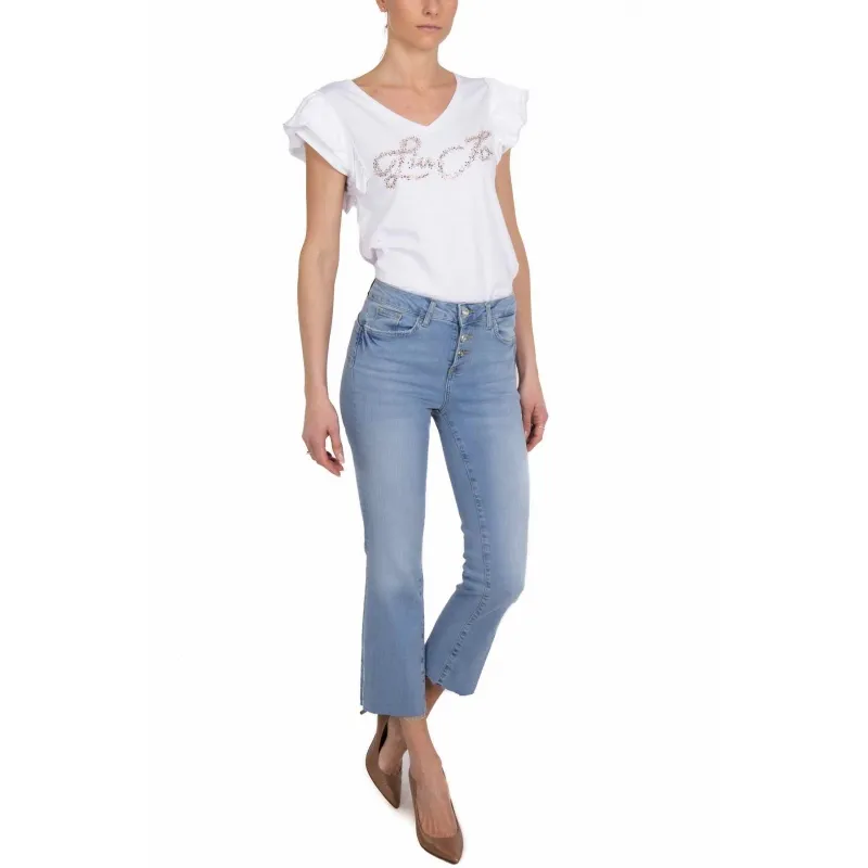 JEANS FLARED CROPPED CON BOTTONI A VISTA, AZZURRO