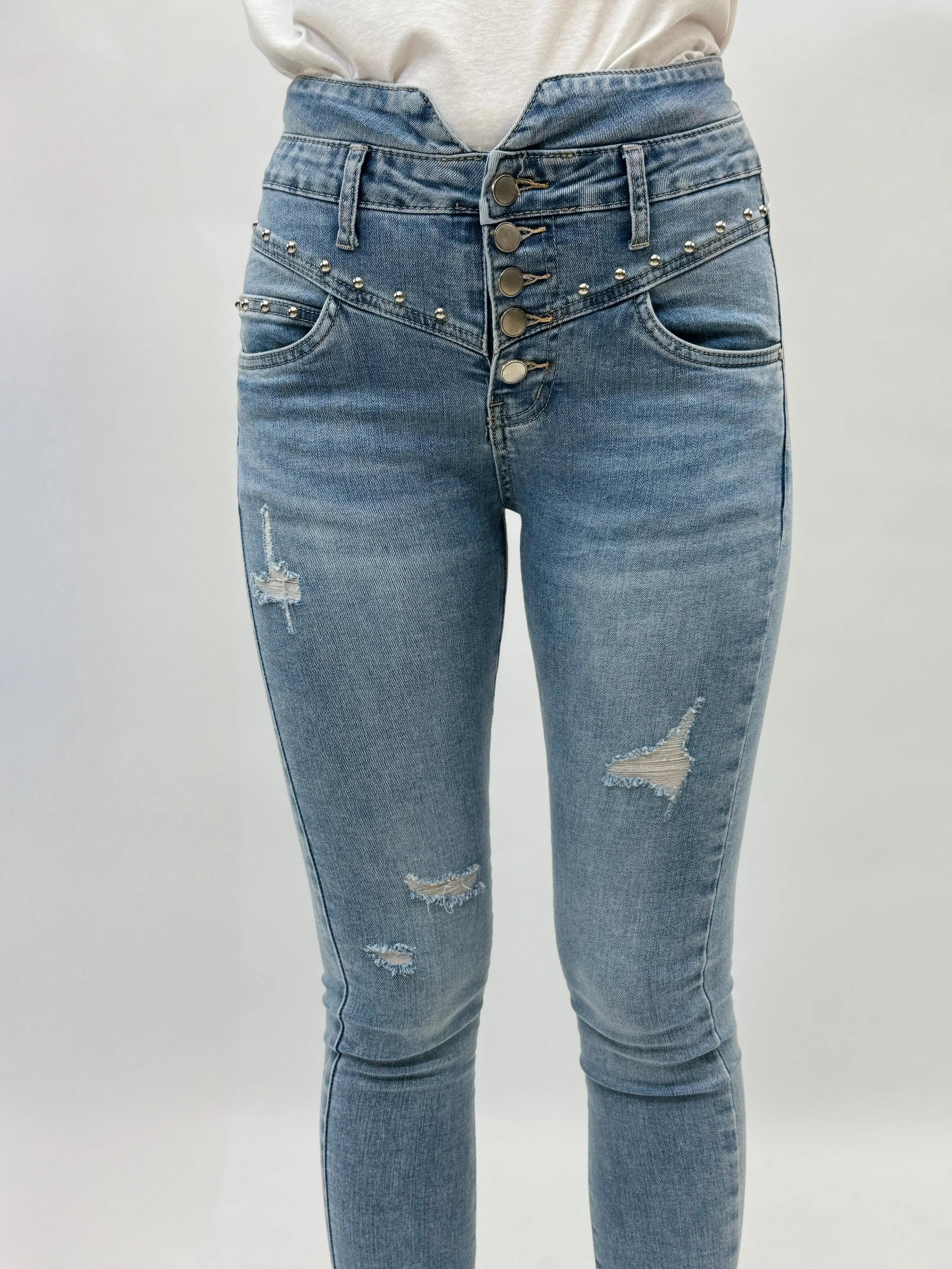 Jeans skinny vita alta con brillantini