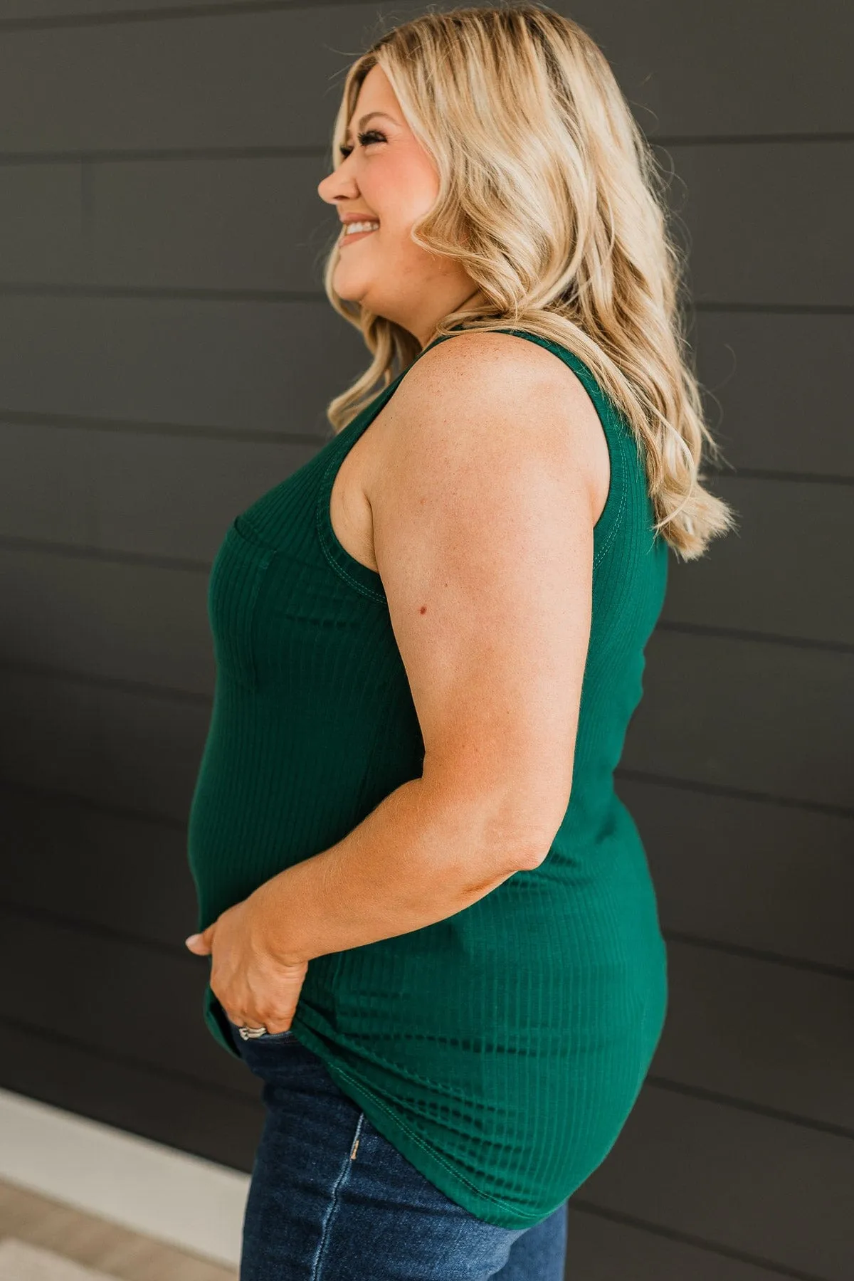 Just Peachy Ribbed Tank Top- Hunter Green