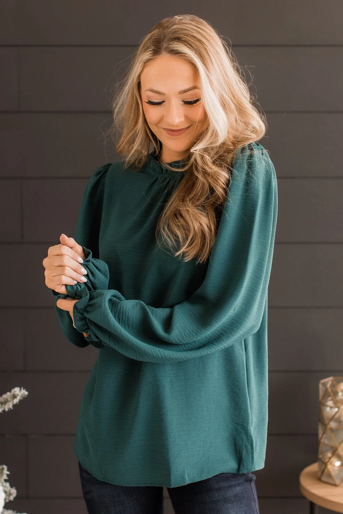 Lasting Daydreams Long Sleeve Blouse- Hunter Green