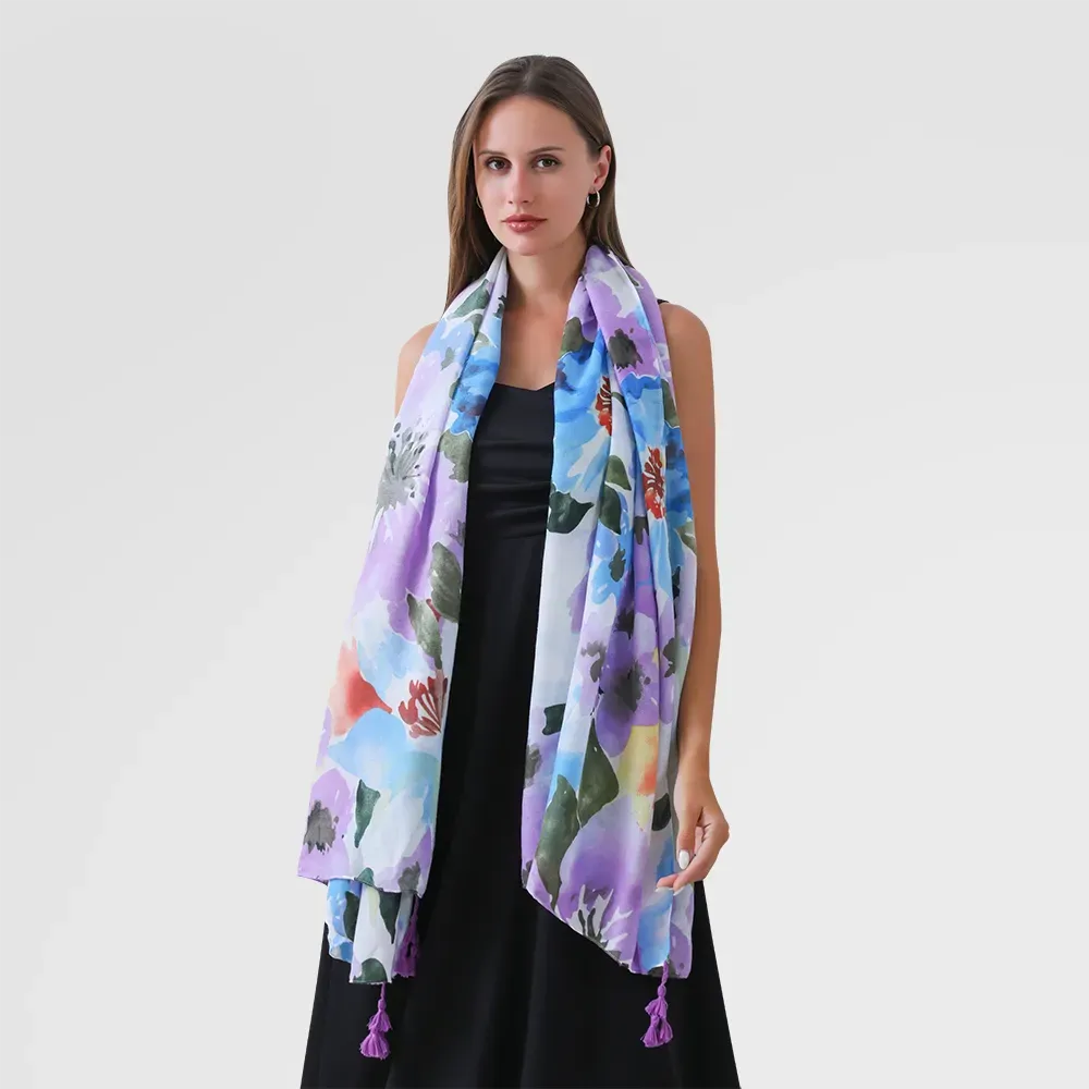 Lightweight Cotton Scarf with Tassels - Blue