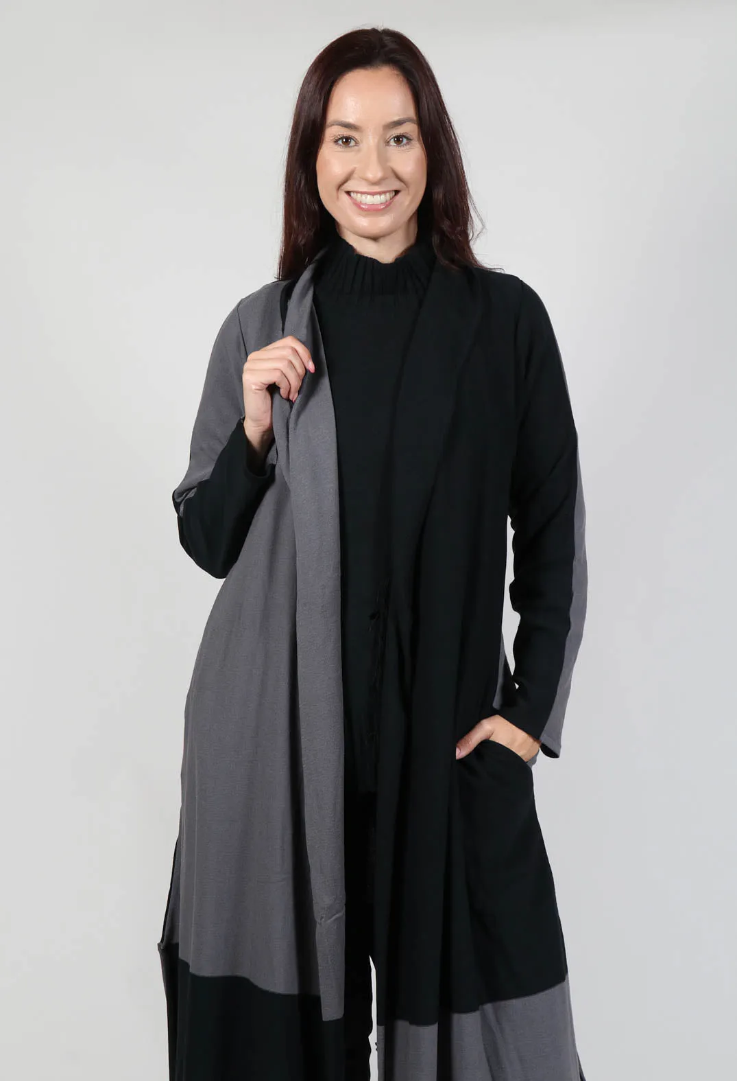 Long Length Cardigan in Black Grey Check