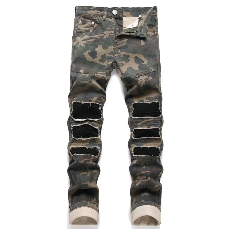 Men's Camouflage Ripped Tape Patchwork Mid Waist Skinny Jeans Pants