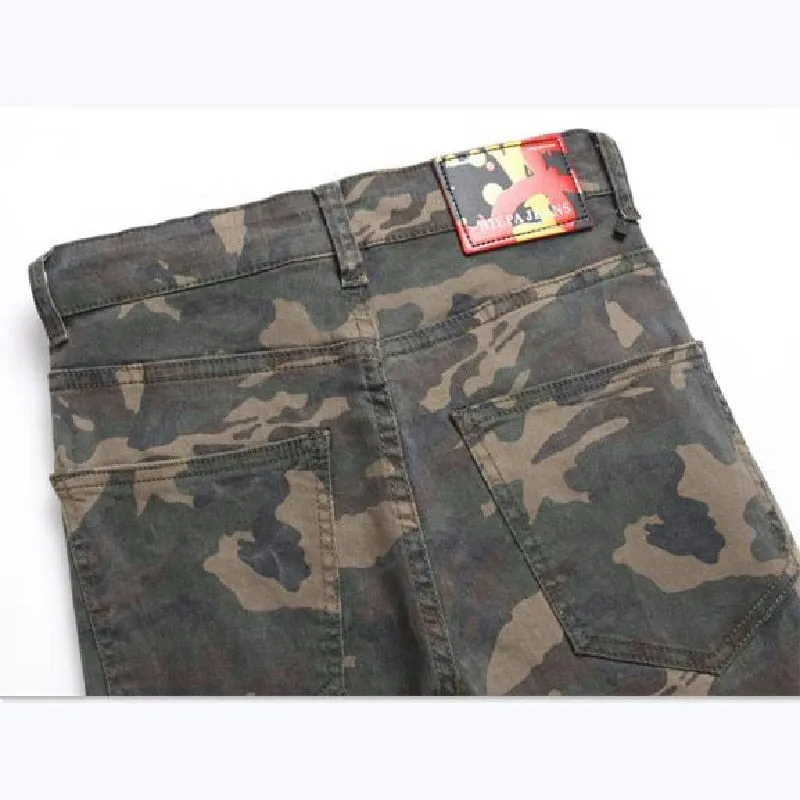 Men's Camouflage Ripped Tape Patchwork Mid Waist Skinny Jeans Pants