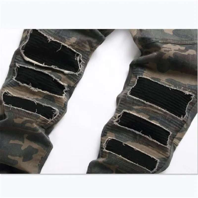 Men's Camouflage Ripped Tape Patchwork Mid Waist Skinny Jeans Pants