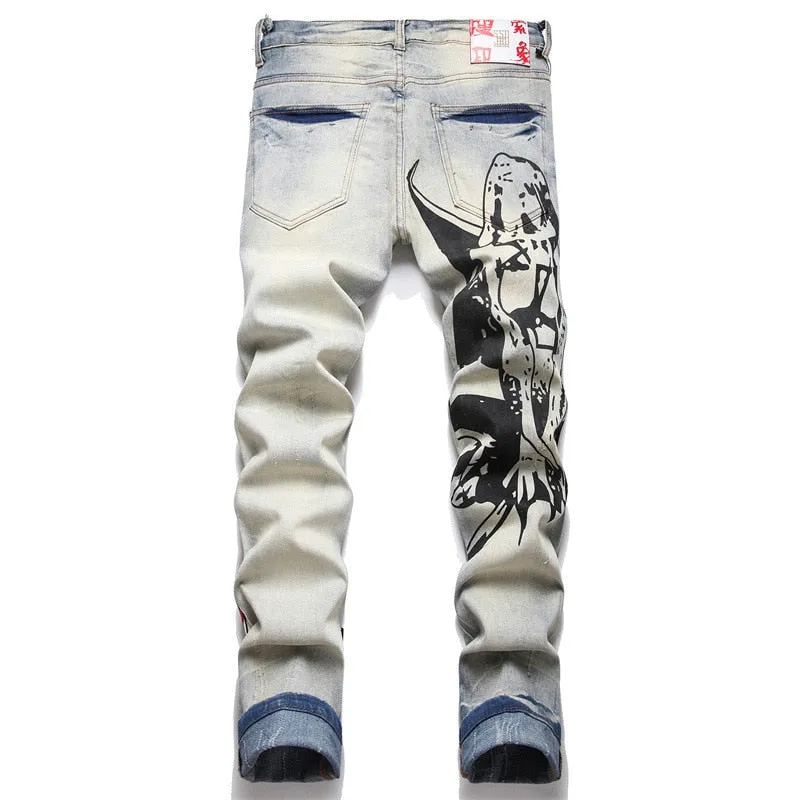 Men's Punk Style Retro Print Pattern Ripped Slim Fit Straight Leg Jeans