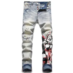 Men's Punk Style Retro Print Pattern Ripped Slim Fit Straight Leg Jeans